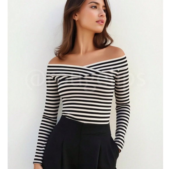 Black & White Striped Off Shoulder Long Sleeve Tee Shirt Top Slim Fit - Picture 1 of 13
